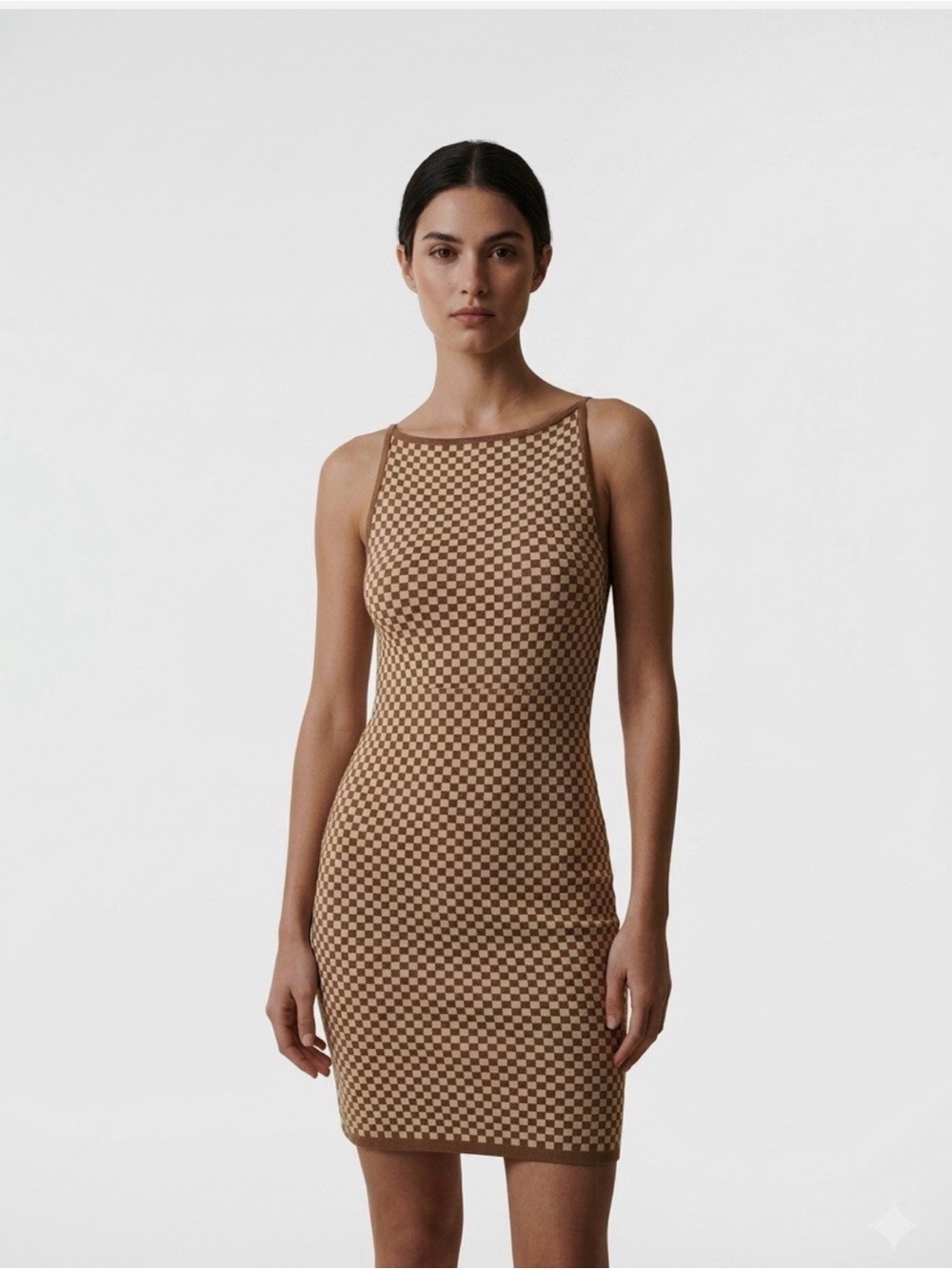 Abercrombie & Fitch Taupe and Cream Checkerboard Mini Dress